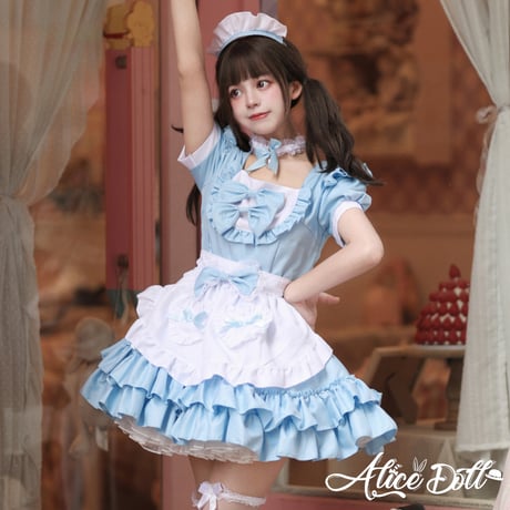 ゆめかわいい メイド服 メイド ワンピース エプロン カチューシャ 半袖 ミニ丈 ミニスカ フリル リボン