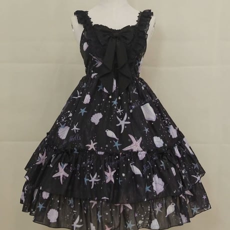 ロリータ ジャンパースカート ワンピース ロリィタ JSK 貝殻 ヒトデ プリント ハイウエスト 光沢 かわいい