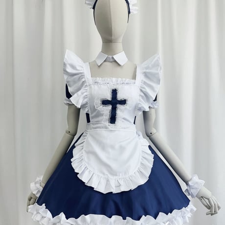 ゆめかわいい メイド服 セット ワンピ エプロン カチューシャ 半袖 十字架 ゴスロリ ミニ丈 フリル