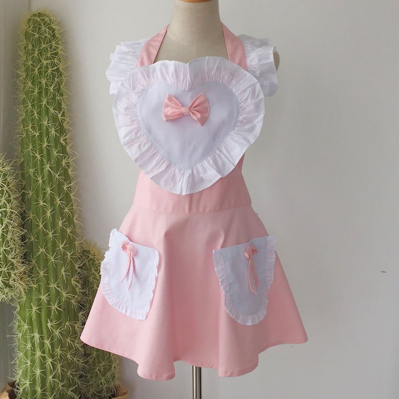 エプロン メイド ロリータ ポケット付き ハート リボン フリル エプロン メイド ロリータ ポケット付き ハート リボン フリル