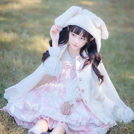 ロリータ 姫系 ポンチョ コート アウター リボン フリル ウール 原宿 ファション ウサギ耳 兎