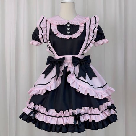 メイド服 猫耳メイド 4点セット ロリータ ドレス ワンピース メイド エプロン リボン 猫耳カチューシャ付き