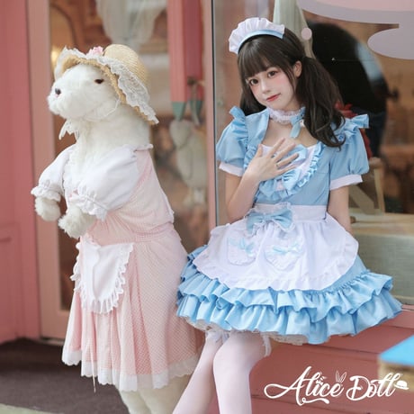 ゆめかわいい メイド服 メイド ワンピース エプロン カチューシャ 半袖 ミニ丈 ミニスカ フリル リボン