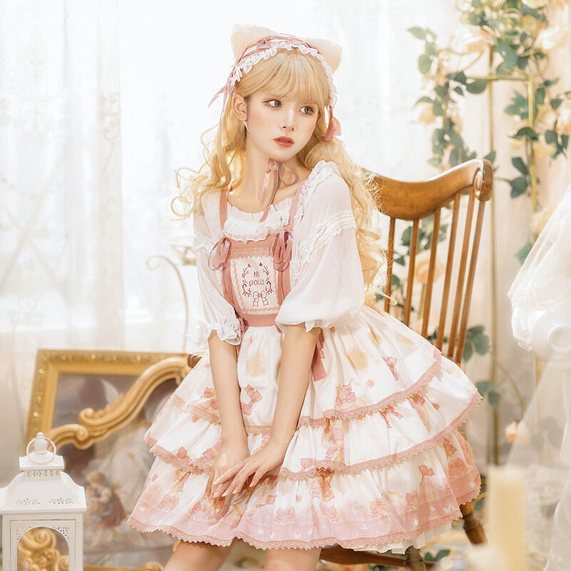 姫ロリ ロリータ ジャンパースカート 姫系 甘可愛い 3段フリル 猫 肉球