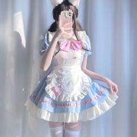 メイド服 メイド ドレス ワンピース エプロン リボン セット 半袖 猫の肉球 フリル 可愛い ミニ丈 メイドカフェ コスプレ