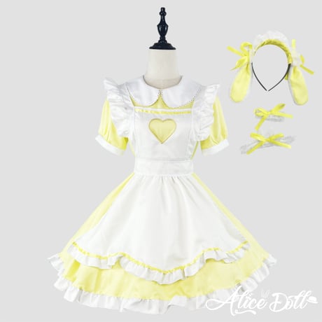 ロリータ メイド服 セット ゆめかわいい うさ耳 ハート ワンピース エプロン カチューシャ 半袖 ミニ丈
