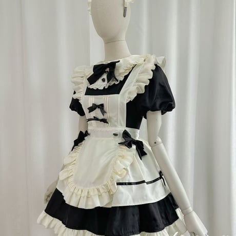 クラシカル メイド服 ワンピース Lolita エプロン カチューシャ 付け袖 2way 半袖 長袖 ミニ丈