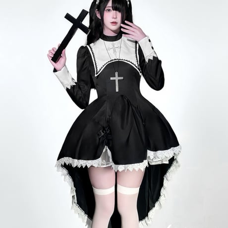 コスプレ シスター ゴスロリ ロリータ 衣装 クラシカル 可愛い シスター服 十字架 レース ヘッドアクセ付