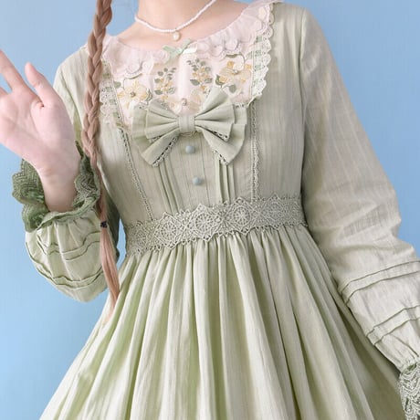 新作 ワンピース ゴスロリ クラロリ 春夏秋 長袖 半袖 選べる カチューシャ セット ドレス ロング丈 ４色 森ガール