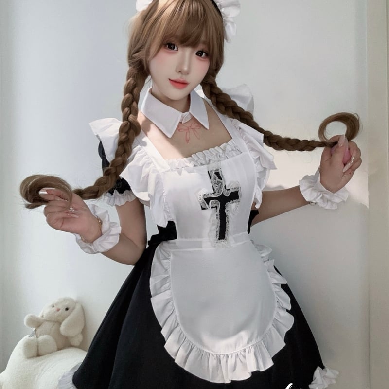 ゆめかわいい メイド服 セット ワンピ エプロン カチューシャ 半袖