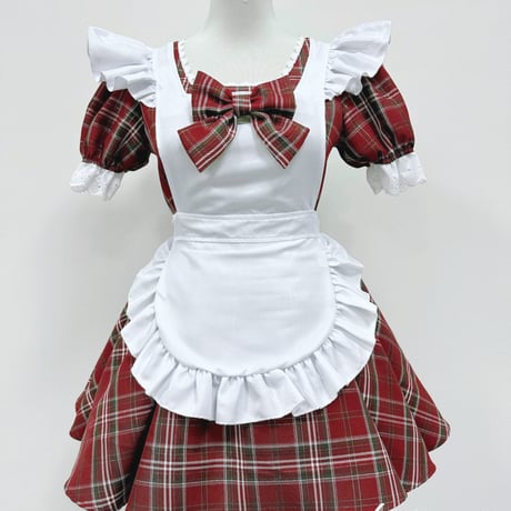メイド服 チェック柄 ワンピース エプロン カチューシャ 半袖 ミニ丈 メイドカフェ レディース かわいい