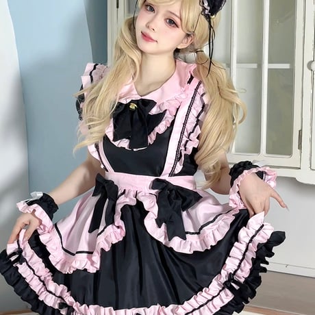 メイド服 猫耳メイド 4点セット ロリータ ドレス ワンピース メイド エプロン リボン 猫耳カチューシャ付き