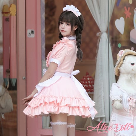 ゆめかわいい メイド服 メイド ワンピース エプロン カチューシャ 半袖 ミニ丈 ミニスカ フリル リボン