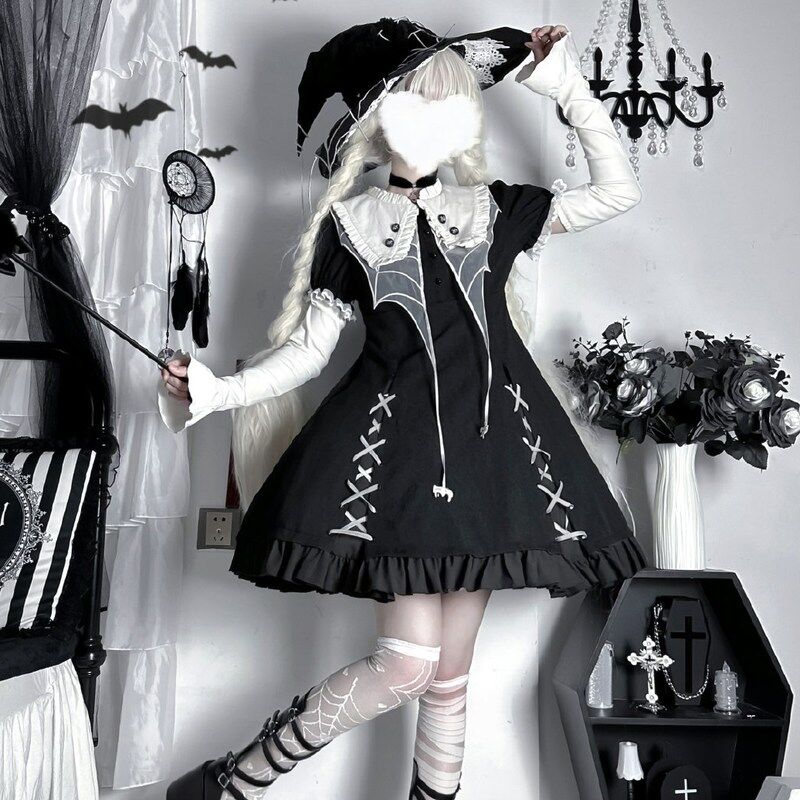 ゴスロリ ワンピース 半袖 長袖 2way 病みかわ クモ 魔女 暗黒 Lolita