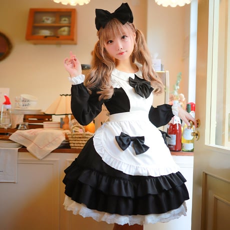 メイド服 ロリータ メイド 3点セット エプロン ドレス ワンピース 制服 コスプレ 半袖 長袖