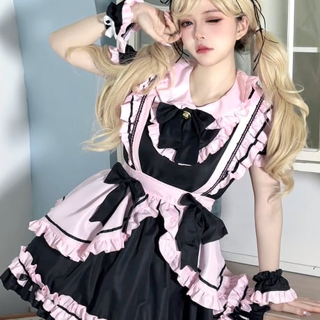 メイド服 猫耳メイド 4点セット ロリータ ドレス ワンピース メイド エプロン リボン 猫耳カチューシャ付き