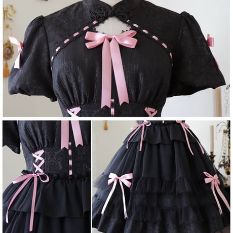 中華ロリータ ワンピース ドレス 半袖 メイド服 ゴスロリ チャイナ服 ゆめかわいい ゴシックロリータ 天使 小悪魔 中華風