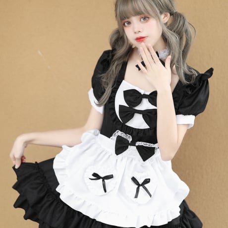 ゆめかわいい メイド服 メイド ワンピース エプロン カチューシャ 半袖 ミニ丈 ミニスカ フリル リボン