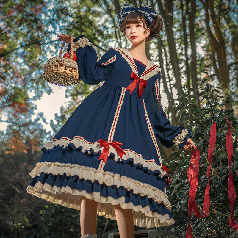 ロリータ セーラー ワンピース 秋冬 長袖 フリル リボン ロリータ セーラー ワンピース 秋冬 長袖 フリル リボン