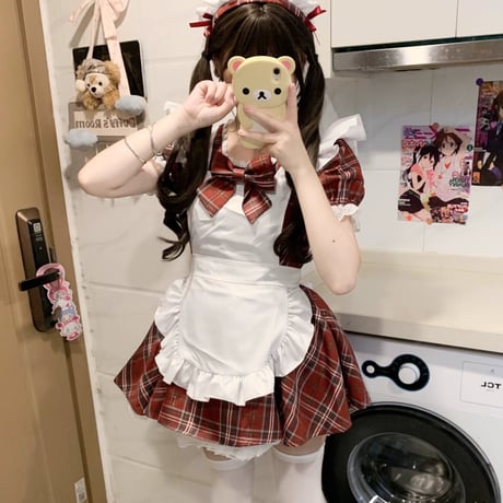 メイド服 チェック柄 ワンピース エプロン カチューシャ 半袖 ミニ丈 メイドカフェ レディース かわいい