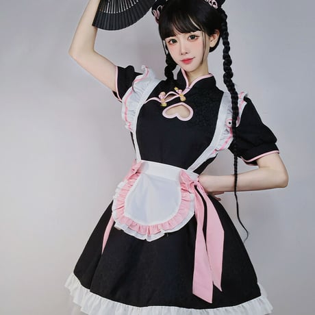 メイド服 中華風 ロリータ ゆめかわいい チャイナ服 チャイナドレス 露出 ワンピース エプロン 髪飾り付き セット