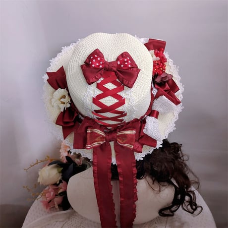 帽子 森ガール カントリー風 ロリィタ Lolitaロリータ カンカン帽 春夏 リボン イチゴ 苺 麦わら帽子