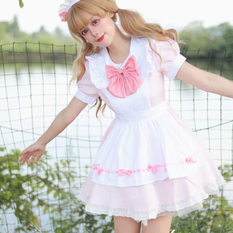 ゆめかわいい メイド服 セット ワンピース エプロン カチューシャ 半袖 ミニ丈 ミニスカ フリル リボン