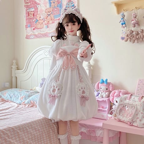 ロリィタ ワンピース 半袖 秋冬 あったか ボア ロリータ 甘ロリ 肉球 ネコ 猫耳 リボン ゆめかわ ふわもこ もこもこ 姫系