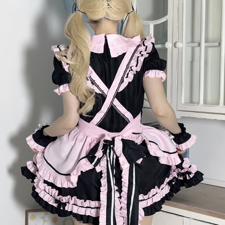 メイド服 猫耳メイド 4点セット ロリータ ドレス ワンピース メイド エプロン リボン 猫耳カチューシャ付き