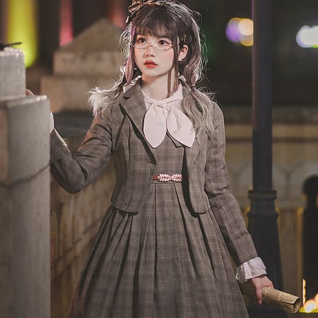 ロリィタ 秋冬 制服 学園風 チェック柄 ジャンパースカート ワンピース ドレス JK 学園 かわいい 清楚 ゴスロリ