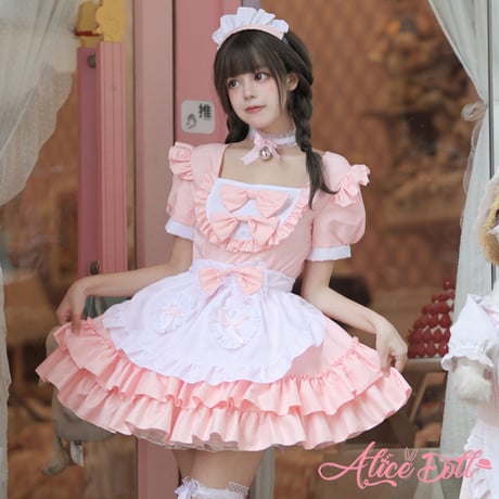 ゆめかわいい メイド服 メイド ワンピース エプロン カチューシャ 半袖 ミニ丈 ミニスカ フリル リボン
