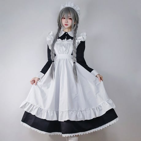 高品質 メイド服 エプロン クラシック ロング ロリータ 3点セット 長袖 半袖 コスプレ  体型カバー