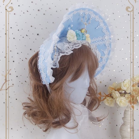 ロリータ ボンネット 帽子 ヘッドドレス カチューシャ スカイブルー 髪飾り 清楚 フラワー 薔薇 お花 クラシカル