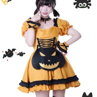 ハロウィン メイド服 小悪魔 かぼちゃ メイド ワンピース エプロン ヘッドドレス 豪華セット 半袖 ミニ丈