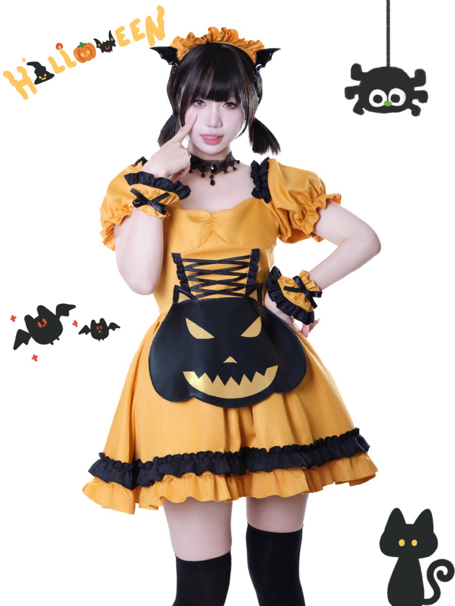 バンドメイドエプロン　ハロウィン ハロウィン メイド服 小悪魔 かぼちゃ メイド ワンピース エプロン