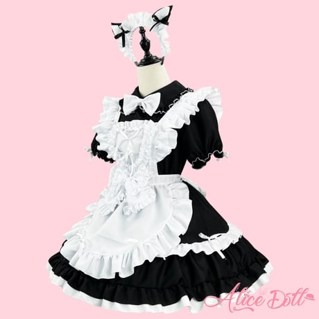 メイド服  ロリータ セット ワンピース エプロン カチューシャ 猫耳 半袖  ゆめかわいい メイド ミニ丈
