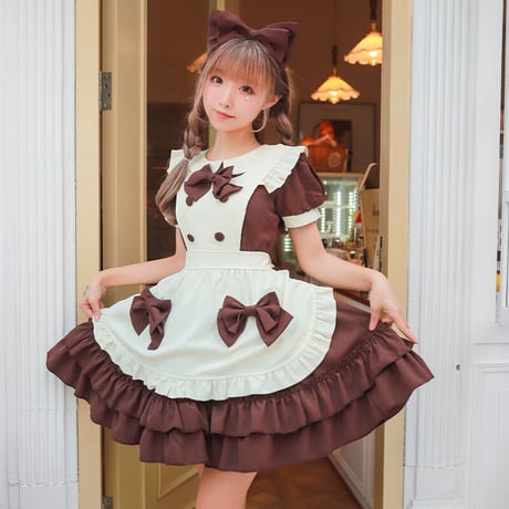 メイド服 ロリータ メイド 3点セット エプロン ドレス ワンピース 制服 コスプレ 半袖 長袖