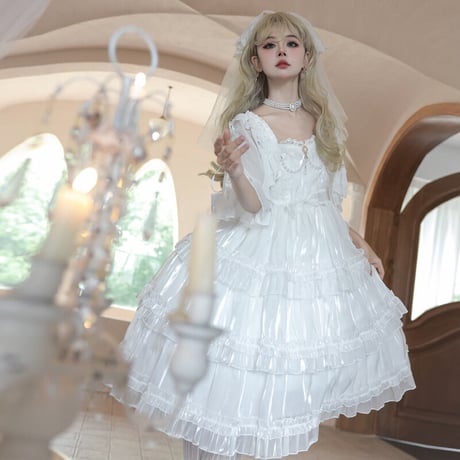 ロリータ Lolita ワンピース ジャンパースカート ジャンスカ ドレス ゆめかわいい 光沢感 上品 リボン フリル ゴスロリ