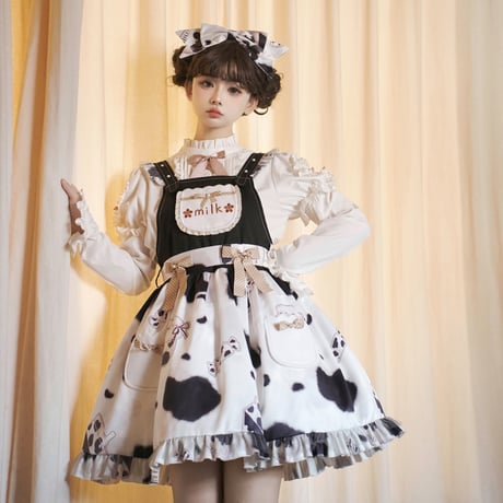 ロリータ ワンピース 牛柄 かわいい ジャンパースカート ドレス ロリィタ 甘ロリ ガーリー ミニ丈 フェミニン