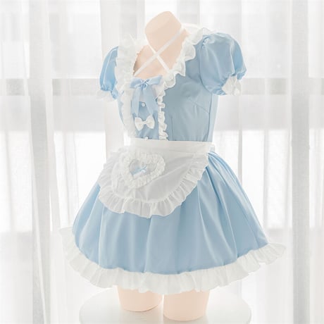 メイド服 エプロン コスプレ ミニ丈 セクシー 夏 水色 かわいい 喫茶店 甘ロリ メイド ワンピース クラシカル
