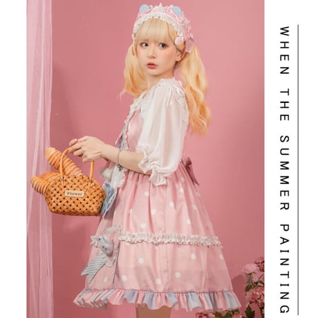 ロリータ メイド服 ジャンパースカート ワンピース エプロン付 ショート丈 メイド お姫様 ロリータドレス 姫 クマ ぬいぐるみ