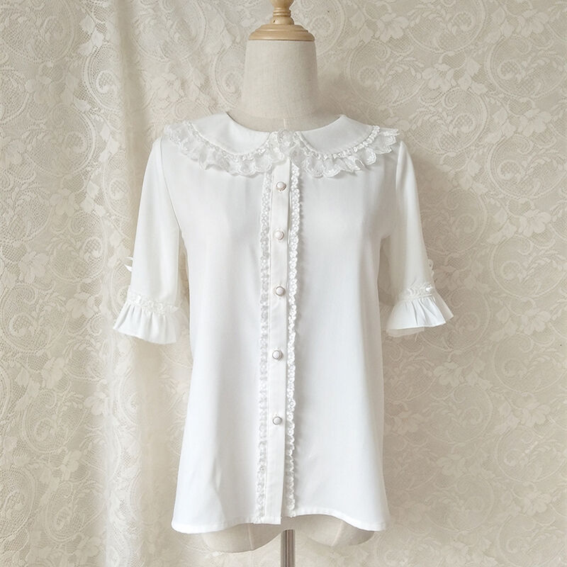 【週末SALE】BABYフリル胸元リボン付きレースホワイトロリィタ半袖白ブラウス 週末SALE】BABYフリル胸元リボン付きレースホワイトロリィタ半袖