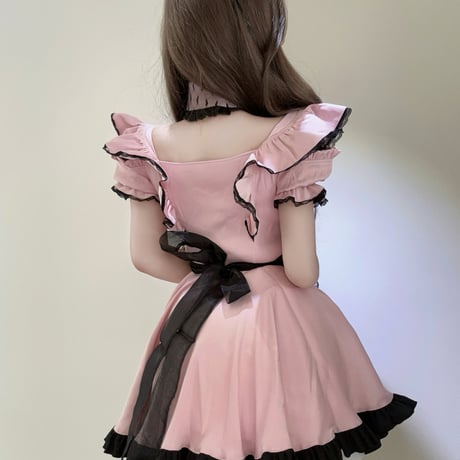 メイド服 メイド セット ゆめかわいい ガーリー ワンピース エプロン つけ襟 猫耳カチューシャ 半袖