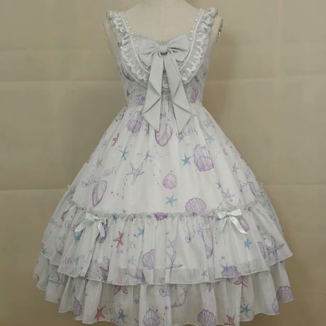 ロリータ ジャンパースカート ワンピース ロリィタ JSK 貝殻 ヒトデ プリント ハイウエスト 光沢 かわいい