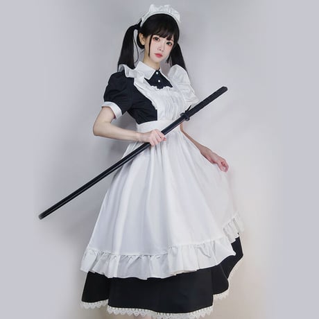 高品質 メイド服 エプロン クラシック ロング ロリータ 3点セット 長袖 半袖 コスプレ  体型カバー