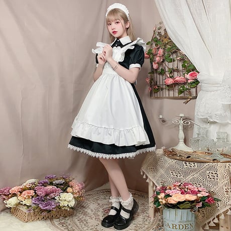 即納 メイド服 高品質 エプロン ロリータ クラシック 膝丈 ワンピース コスプレ レディース 3点セット