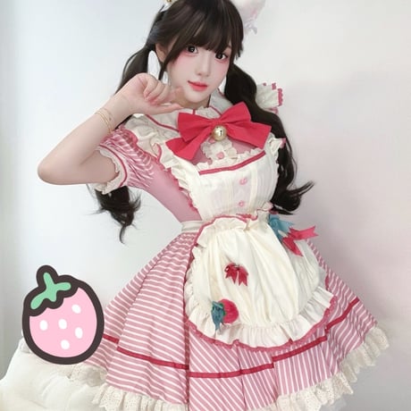 メイド服 ワンピース エプロン セット 半袖 レース フリル 甘ロリ いちご ストライプ レディース 甘かわいい