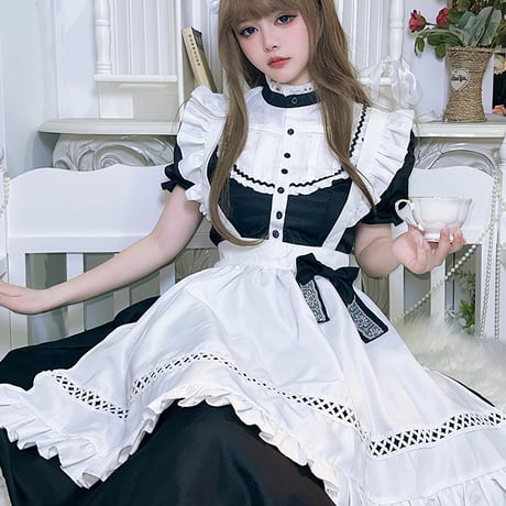 メイド服 ワンピース 半袖 クラシカル ロング丈 メイド 定番 カチューシャ セット 英国風 ロリータ 大人可愛い