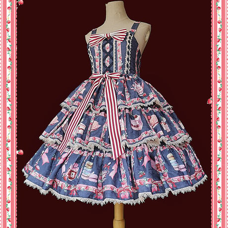 Lolita ロリータ ジャンパースカート ワンピース ドレス プリント イチゴ柄