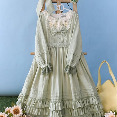 新作 ワンピース ゴスロリ クラロリ 春夏秋 長袖 半袖 選べる カチューシャ セット ドレス ロング丈 ４色 森ガール